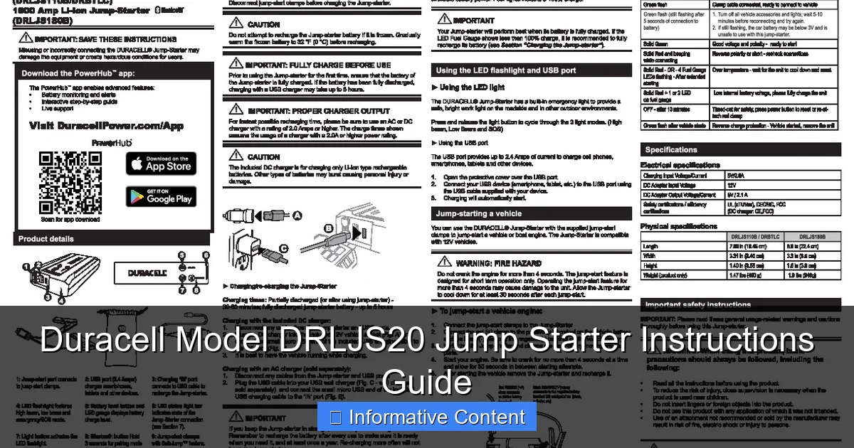 Duracell Model DRLJS20 Jump Starter Instructions Guide